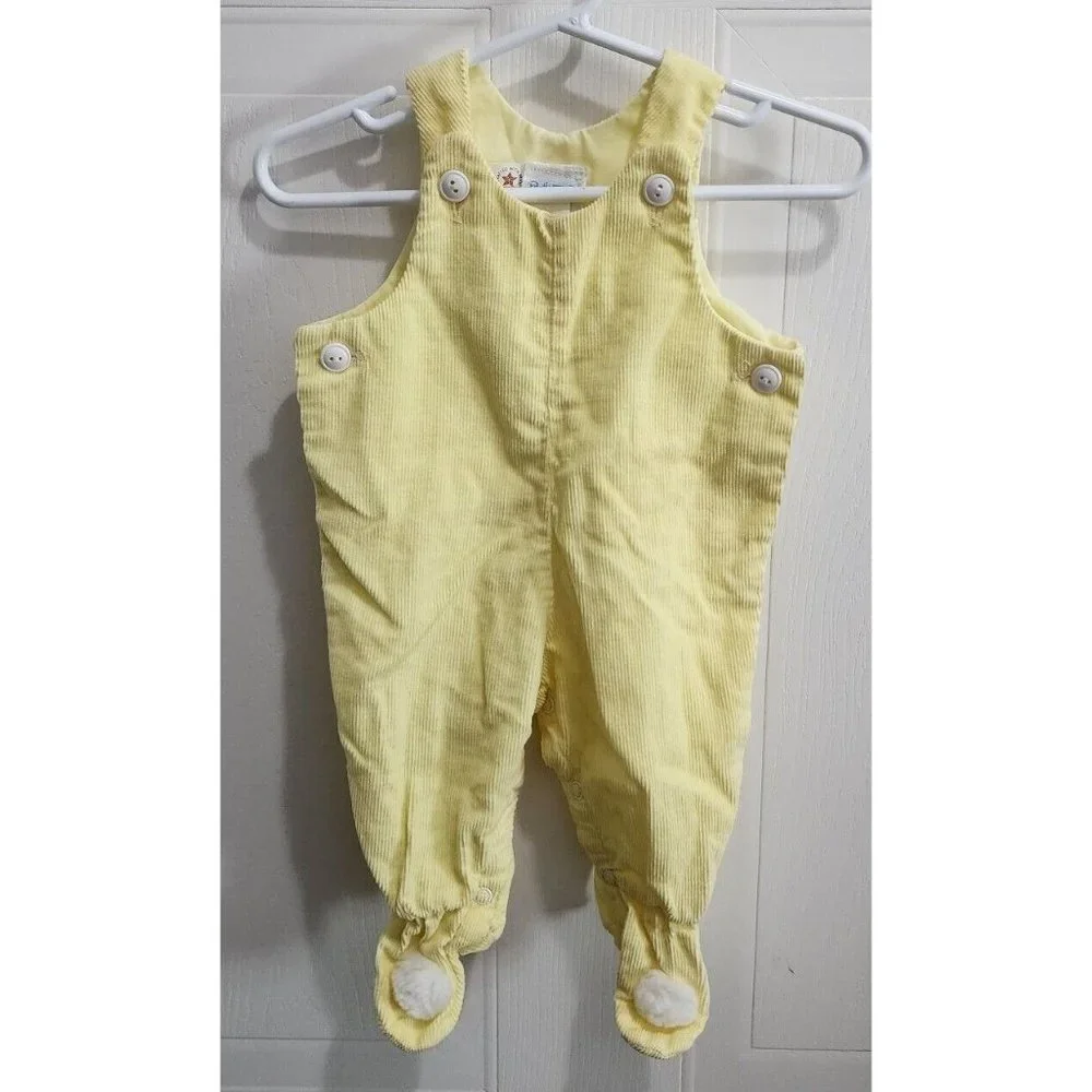 Vintage Betti Tirell Sleeveless Overalls Footie Pom Poms Yellow Corduroy Size 3M